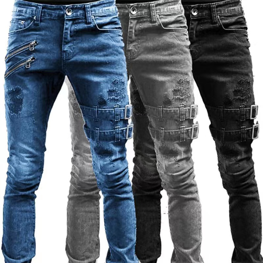 レトロモトバイカーストレート弾性ジーンズ男性ジッパー穴ストリートパンクスキニーデニムカーゴパンツ Pantalones Hombre Y2K 服
