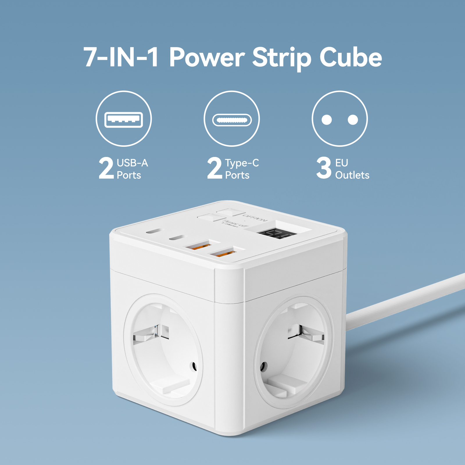 7-in-1 EU 電源タップ 1 個、電源タップ サージ プロテクター、1.5m 延長コード、AC コンセント 3 個 USB 3 個、Type-C 1 個、タイムオフデスクトップ充電