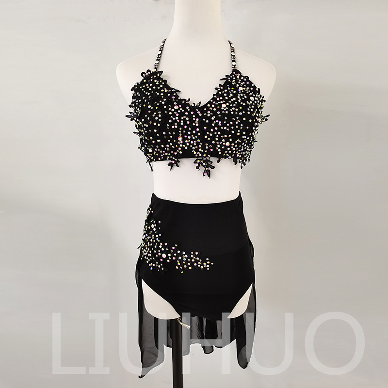 LIUHUO レディース ポール ダンス スカート 3D 刺繍 ブラトップ メッシュ スカート ダイヤモンド コンペティション ショー BD1454