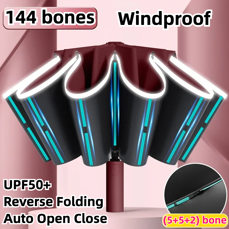 Windproof Reverse Automatic Folding Car Umbrella, 144 Bone Stormproof, UPF50+ UV Protection Sun & Rain Umbrellas for Men Women