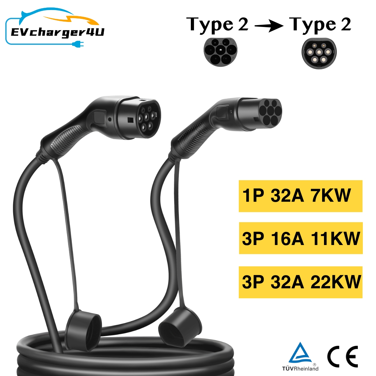 EVcharger4U IEC62196 EV 充電ケーブルタイプ 2 1 相/3 相 16A/32A 7KW/11KW/22KW ステーション充電器コード電気自動車用