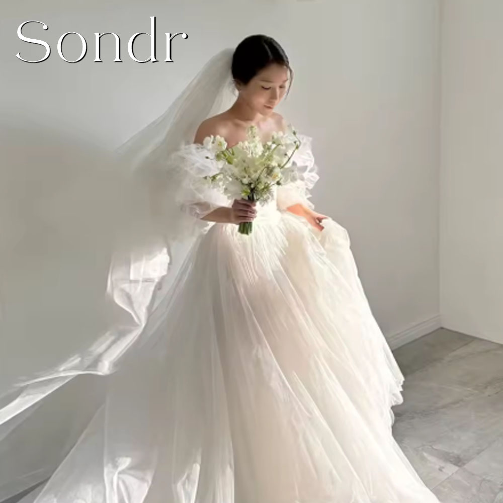 Sondr カスタマイズされた妖精パフスリーブのウェディングドレスオフショルダー A ラインチュール韓国写真撮影ブライダルレセプションドレス