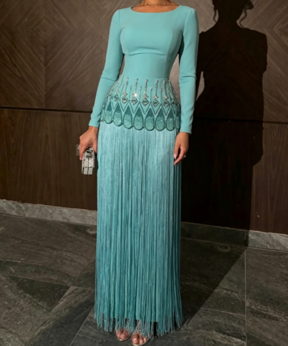 Customized Exquisite Jersey Pleat Sequined Pattern A-line O-Neck Long Bespoke Occasion Evening Dresses Chinese Style