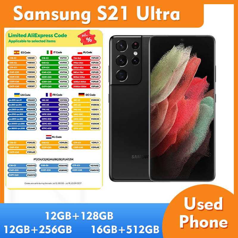 Samsung Galaxy S21 Ultra 5G スマートフォン 128GB/256GB/512GB ROM 12GB/16GB RAM 108MP 中古電話