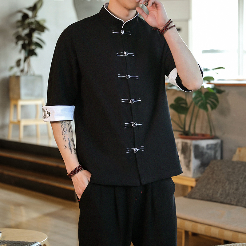 刺繍クレーンシャツ男性繁体字中国語服ヴィンテージ半袖リネンコットンシャツマダリン襟韓服カンフートップ