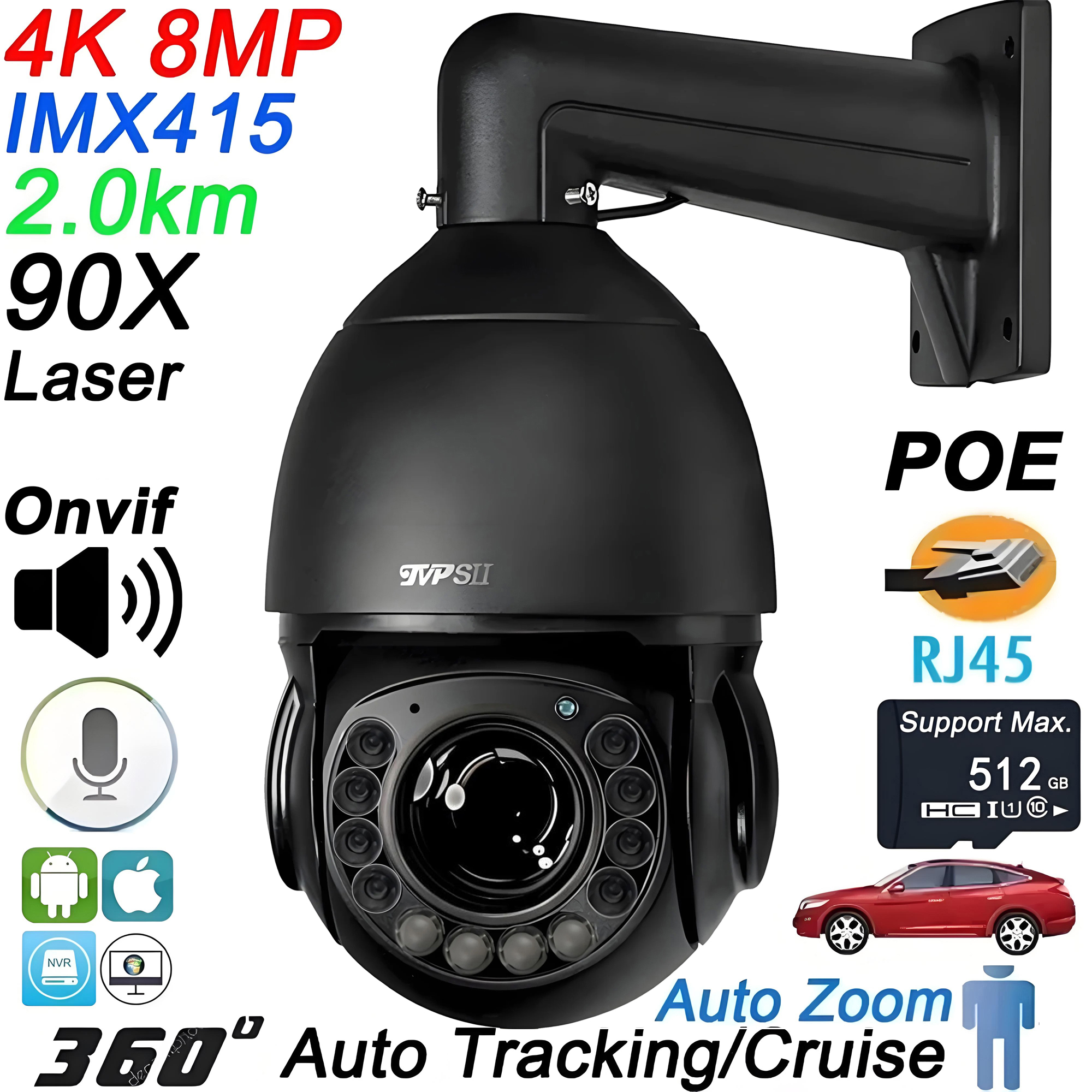 Max.512G レーザー赤外線メタル自動追跡クルーズ 8MP 4K 90X 光学ズーム 360° オーディオ POE PTZ スピードドーム監視 IP カメラ