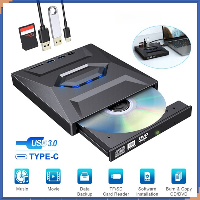 USB 3.0 Type-C 外部 CD DVD ドライブ、USB ハブ Type-C SD カードリーダー、CD DVD RW ROM ディスクプレーヤーバーナーリーダーライターアダプター付き