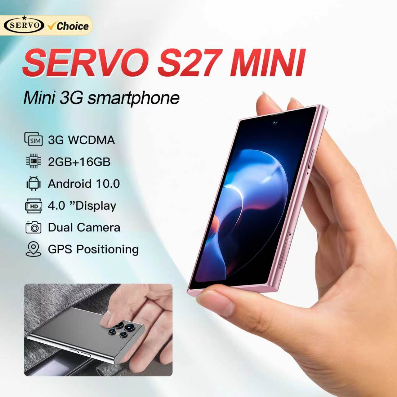 サーボ S27 ミニ Android 小型スマートフォン 3 グラム WCDMA プレイストア 2 ギガバイト 16 ギガバイト WiFi ホットスポット GPS 顔 ID 4.0 "ミニスマートフォン 2SIM スタンバイ