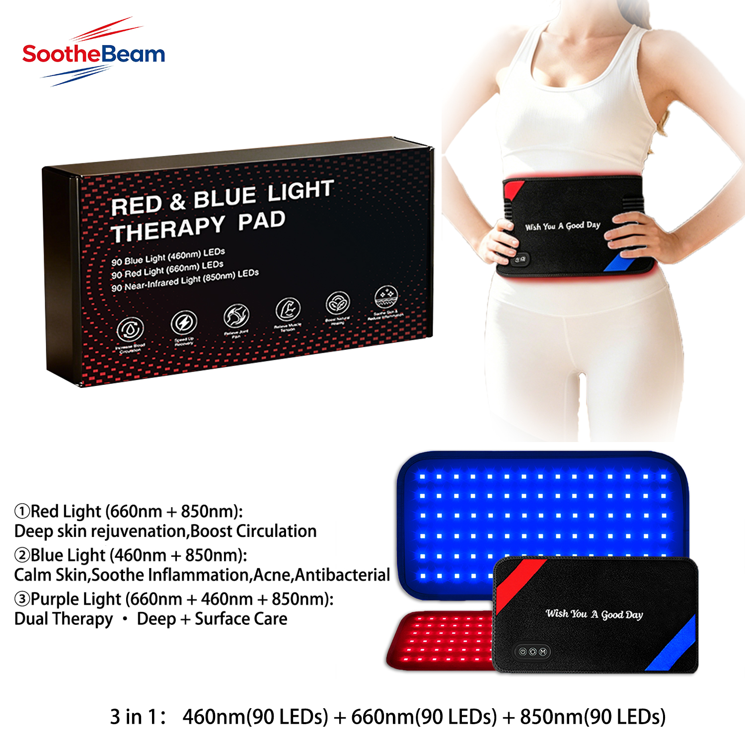 90 LED 青色赤外線赤色光治療ベルト 460nm 660nm 850nm スキンケア用腰バック肩腕筋肉体の痛みを和らげる