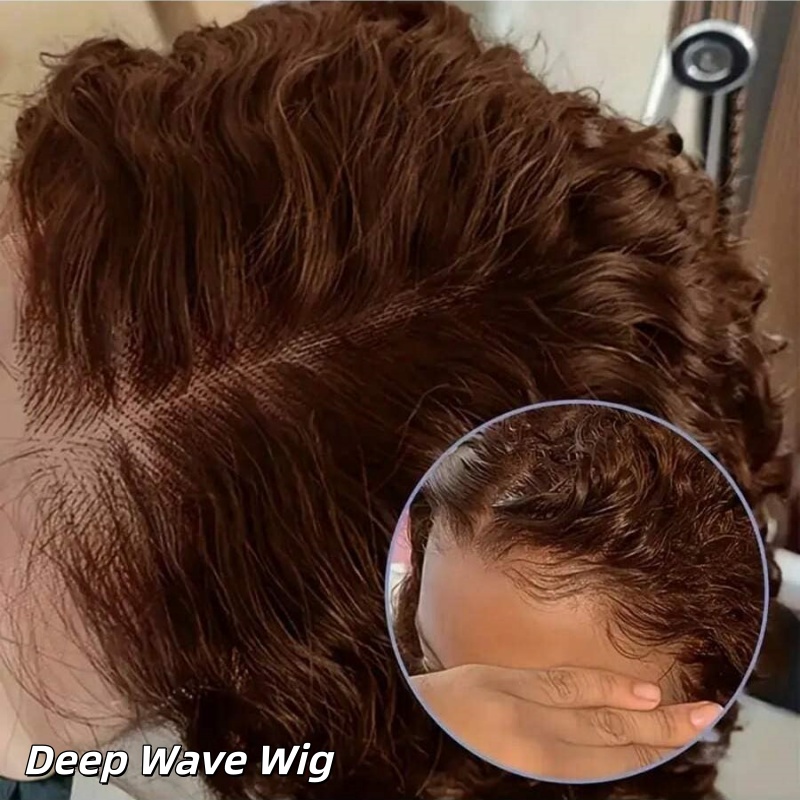 カーリーチョコレートブラウン HD レースフロンタルウィッグディープウェーブ 13x4 透明レース事前摘み取りヘアラインウォーターウェーブ人毛ウィッグ 34"
