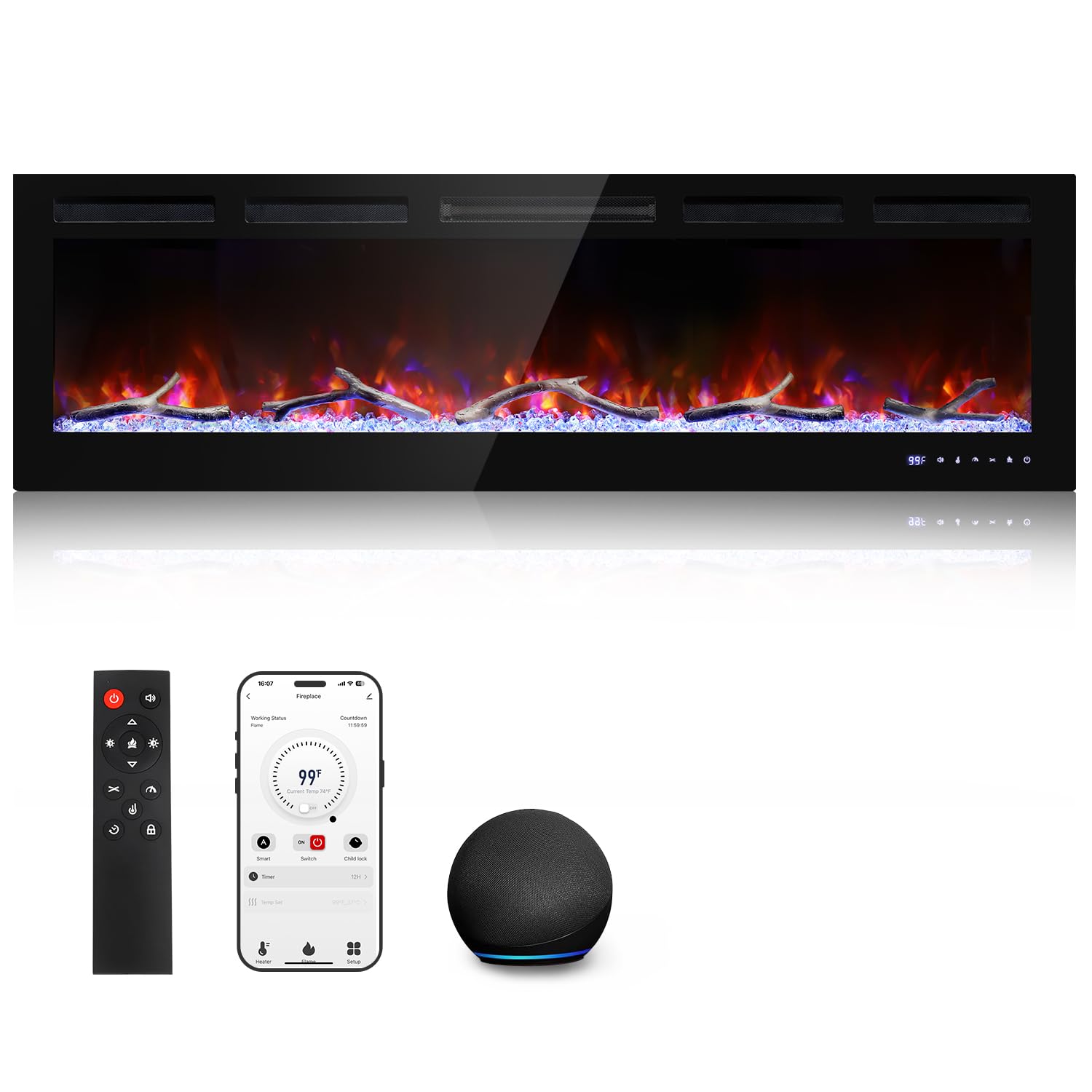 60 インチ WiFi スマート電気暖炉、埋め込み型