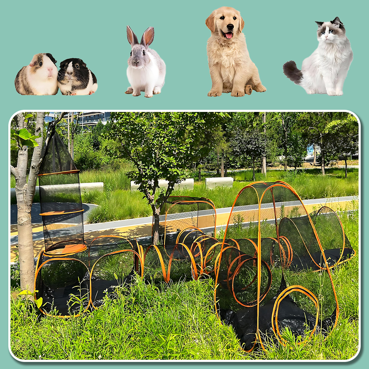 大型ポータブル折りたたみペットテントプレイエリアセット トンネル付き 猫と犬用 屋外折りたたみペットハウス キャリーバッグ付き
