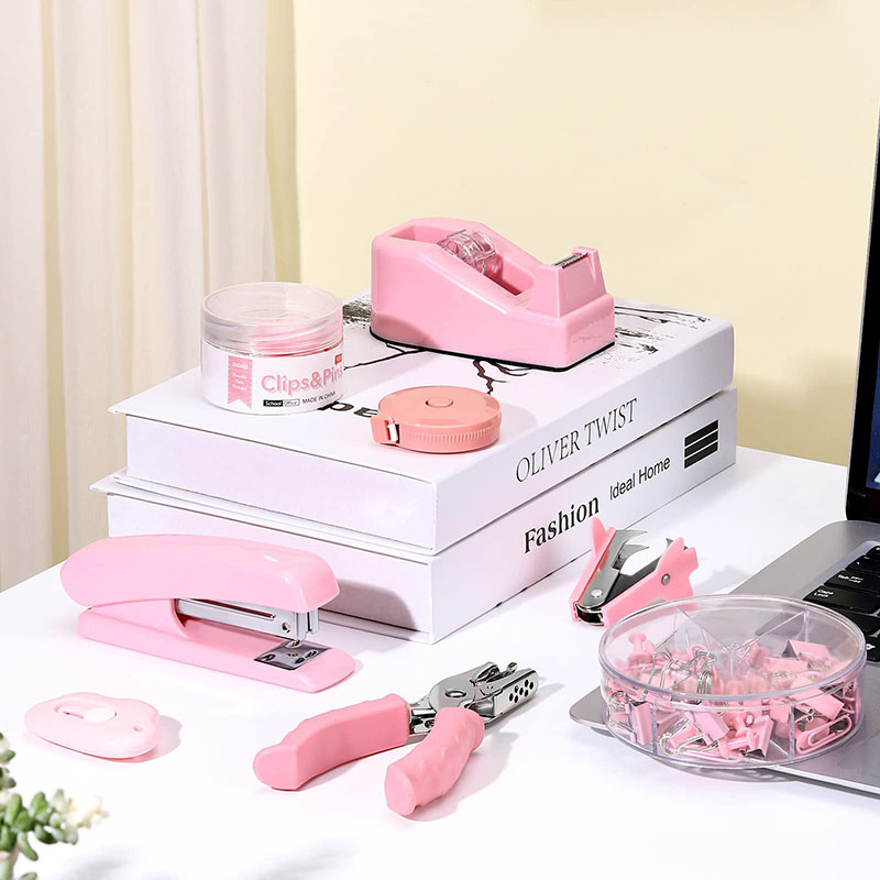 Bview Art 10 Piece Pink Tape Remover Dispenser Paper Clips Scissors Desk Accessory Kit for Office Desk Accessories