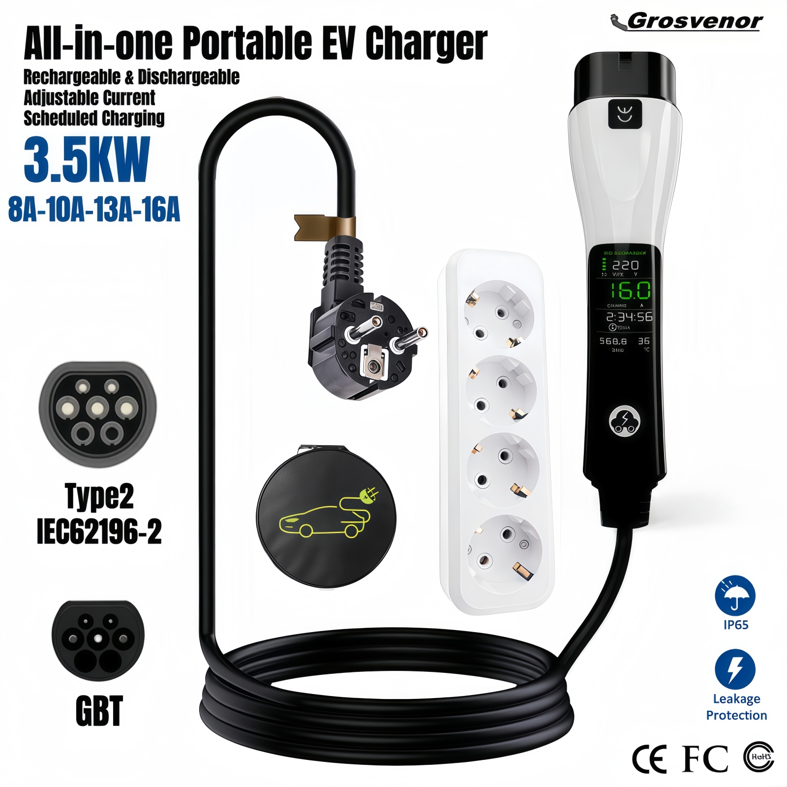 タイプ 2 電気自動車充電器 3.5KW ウォールボックス 16A EV 充電器 Type2 GBT ポータブル EV 充電器 EU プラグ IEC62196-2 表示画面付き