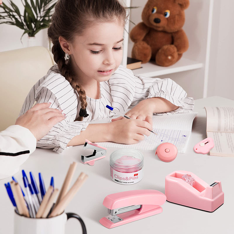 Bview Art 10 Piece Pink Tape Remover Dispenser Paper Clips Scissors Desk Accessory Kit for Office Desk Accessories