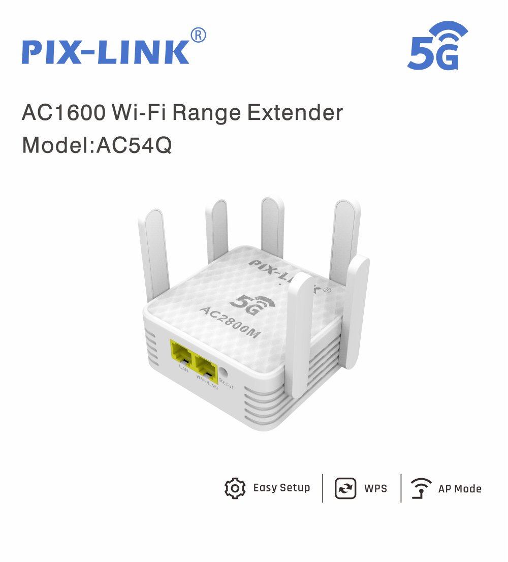 PIX AC1600 WiFi リピーター 1200Mbps ワイヤレス WiFi エクステンダー アンプ 2.4G/5GHz デュアルバンド WPS 信号ブースター長距離 5G ネットワーク