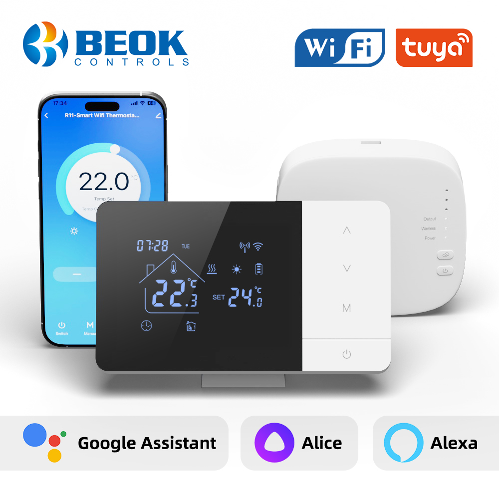 Beok WIFI ワイヤレスサーモスタット ガスボイラー暖房用 スマートホーム Tuya アクチュエーター用温度コントローラー グーグルホーム Alexa