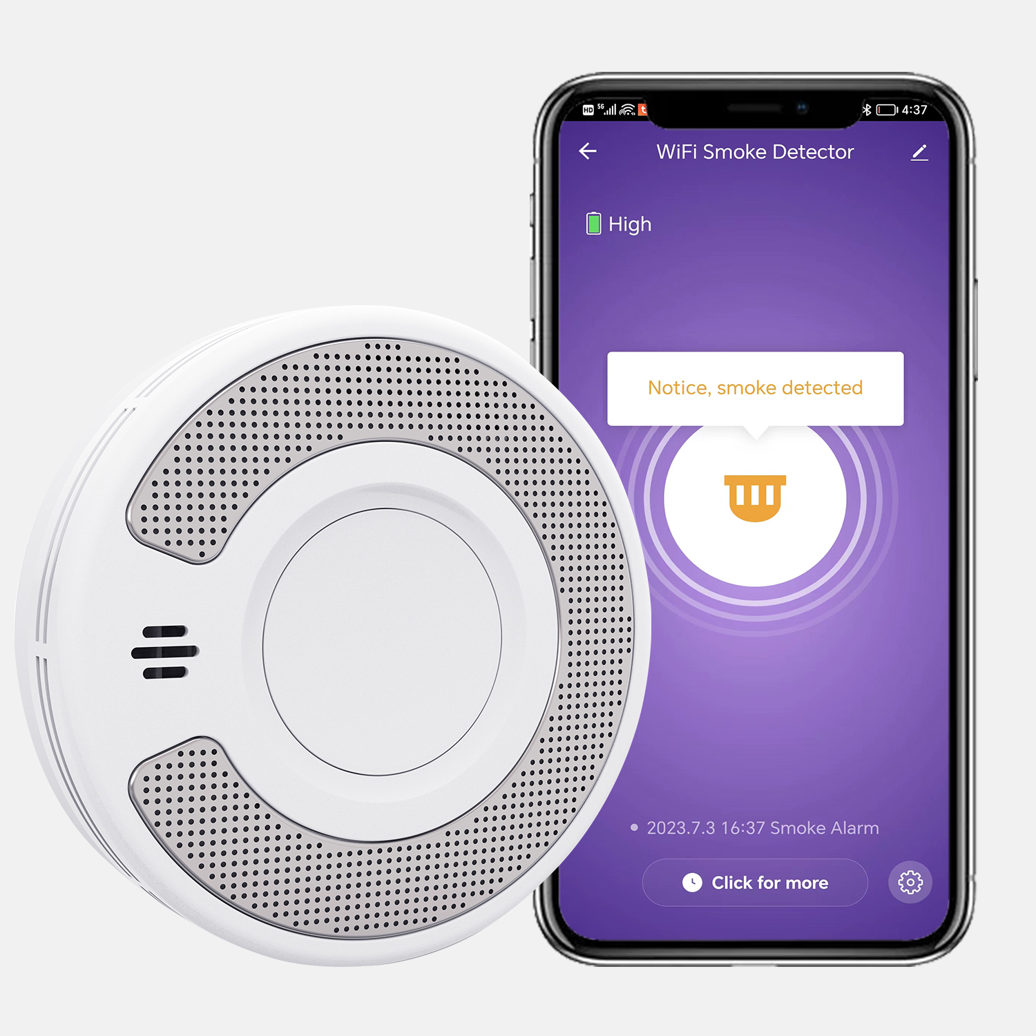 V-COME WiFi スマート煙探知機、Tuya アプリ制御付き、Wi-Fi 煙警報器、密閉型 10 年リチウム電池付き、CE EN 14604、VS03W