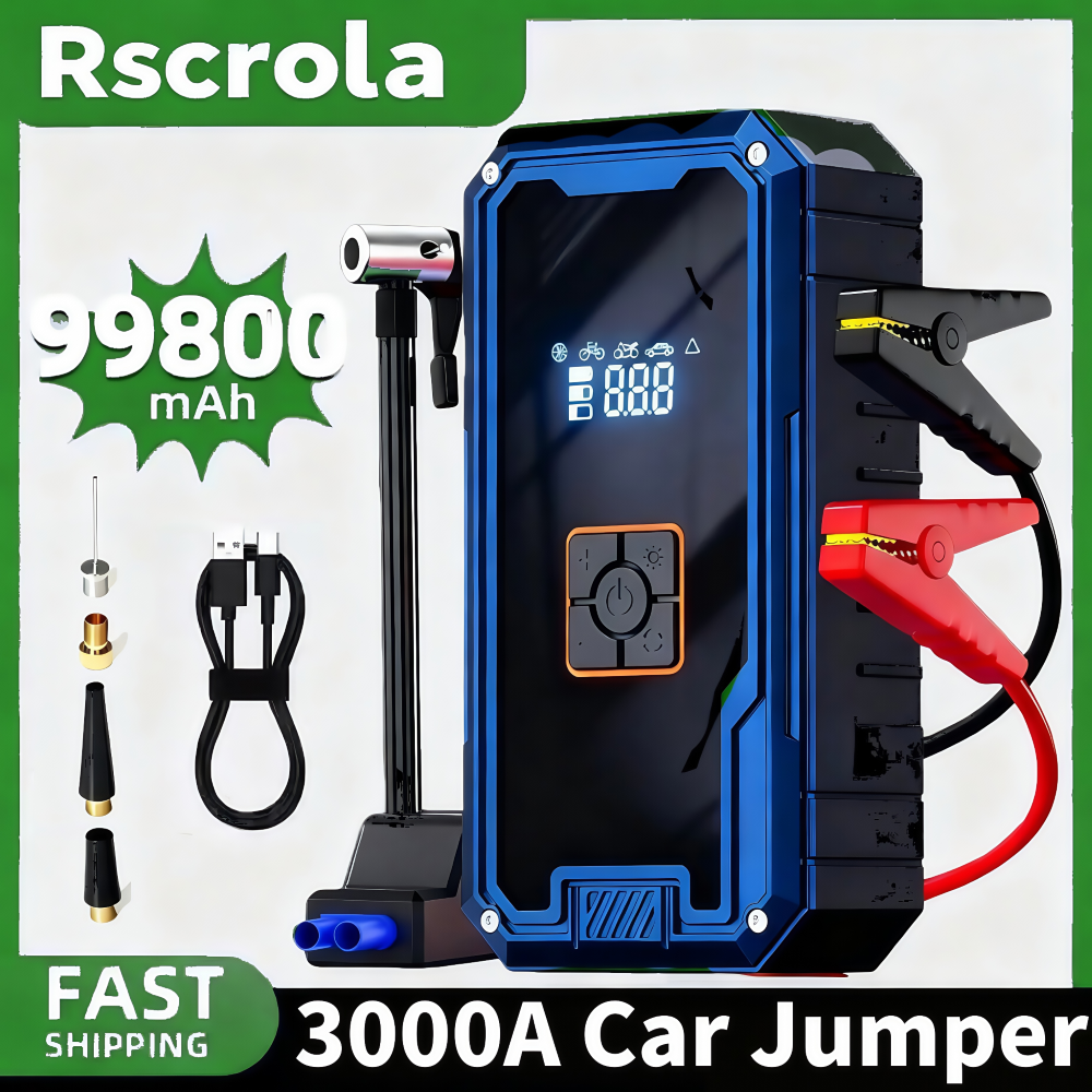 3000A 12V 車のジャンプスターターエアコンプレッサーパワーバンク 99800mah ピークポータブルバッテリースターター 150PSI エアポンプ LED ライト付き
