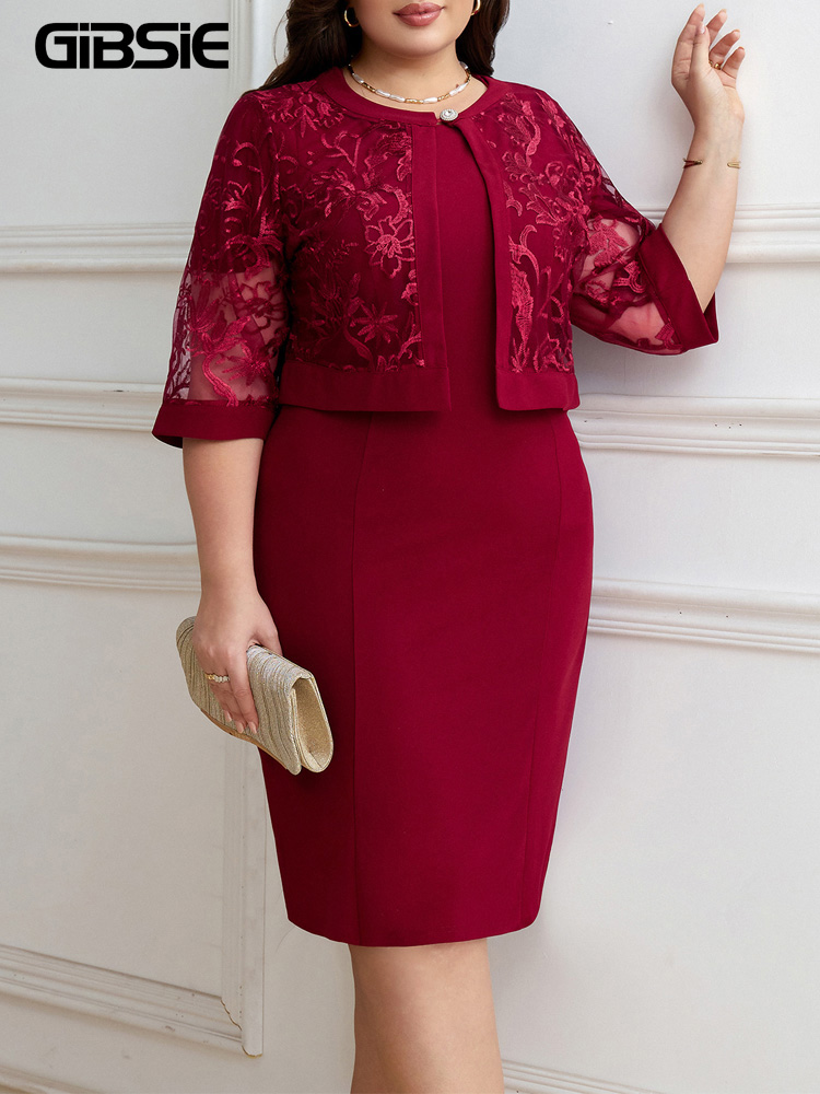 GIBSIE Plus Size Dress Sets For Women Summer 3/4 Sleeve Embroidery Short Coat Wedding Party Bridesmaid Bodycon Dress 2 Piece Set