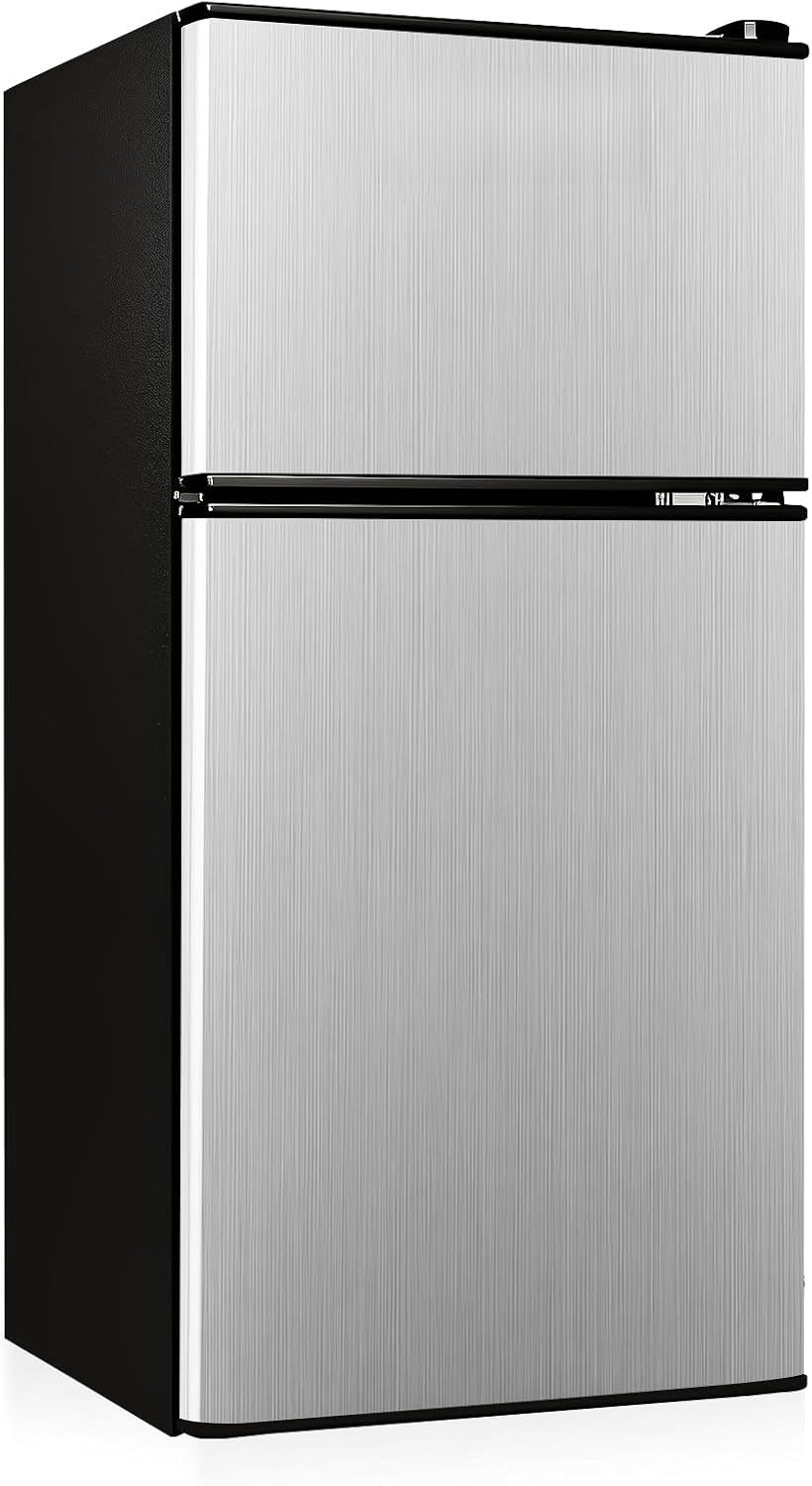 3.2立方フィート2ドアアップライト冷凍庫、取り外し可能な棚2枚付きコンパクト冷蔵庫、7段階調節可能なサーモスタット、シルバー