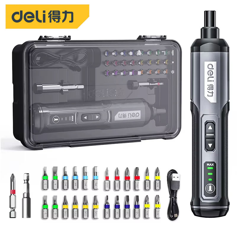 DELI ミニ電動ドライバーセット 4V スマートコードレス電動ドライバー TYPE-C 充電式 26 ビットセットドリル電動ツールキット