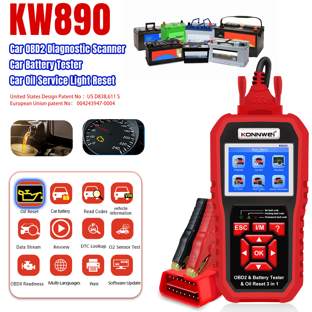 2026 KONNWEI KW890 12V 車 OBD2 バッテリーテスター自動診断ツールバッテリー一致 3in1 車 OBDII スキャナコードリーダー KW880 KW870