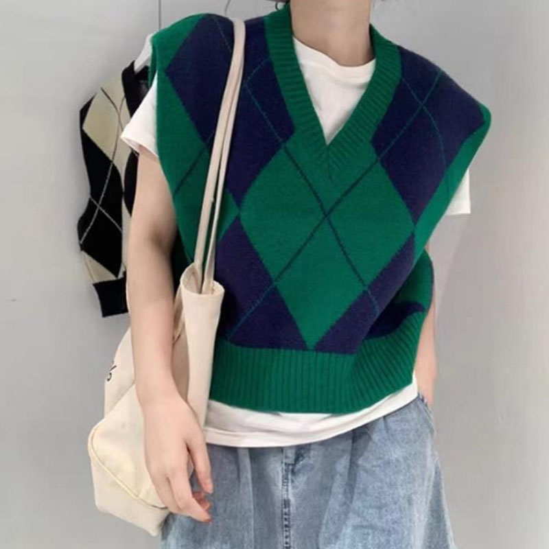 韓国ノースリーブクロップドセーターベスト女性ヴィンテージ不規則なチェック柄ニットベストトップ女性のファッションルーズアウト着用プルオーバー