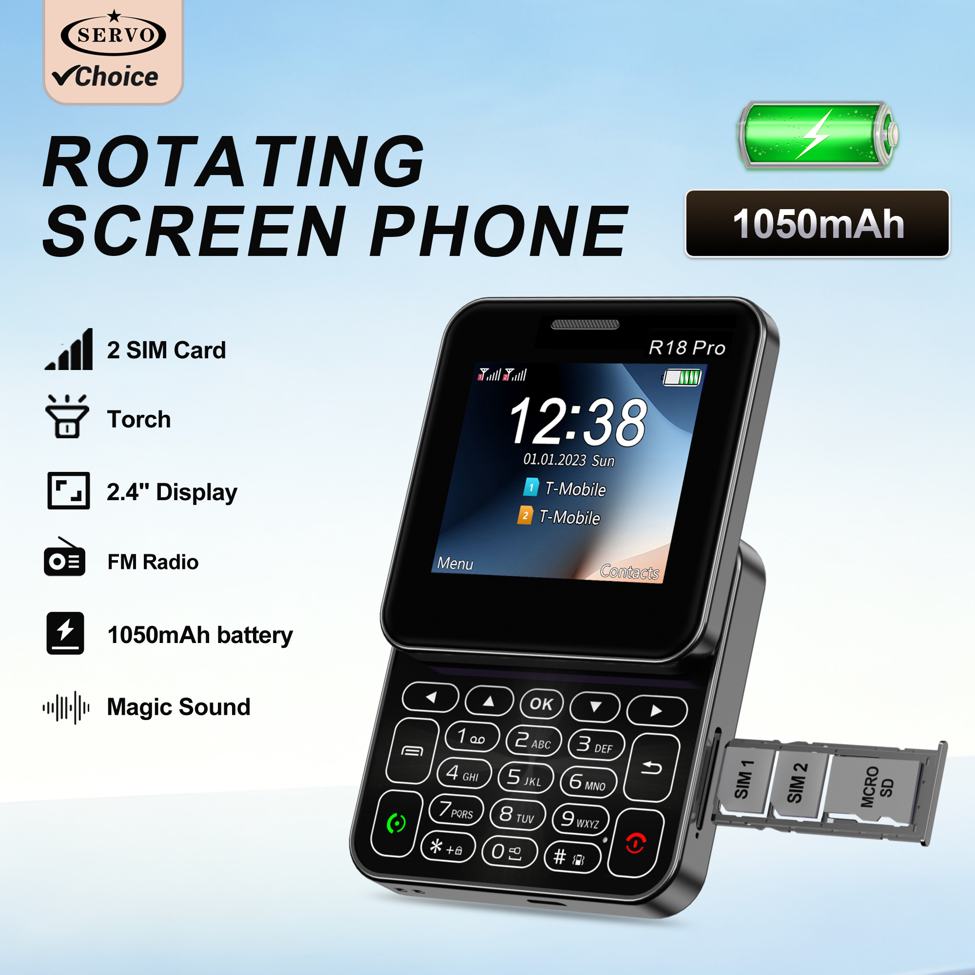 サーボミニ携帯電話回転画面 2 グラム GSM デュアル SIM スタンバイ 2.4 "ディスプレイスピードダイヤルブラックリストマジックボイス小型電話