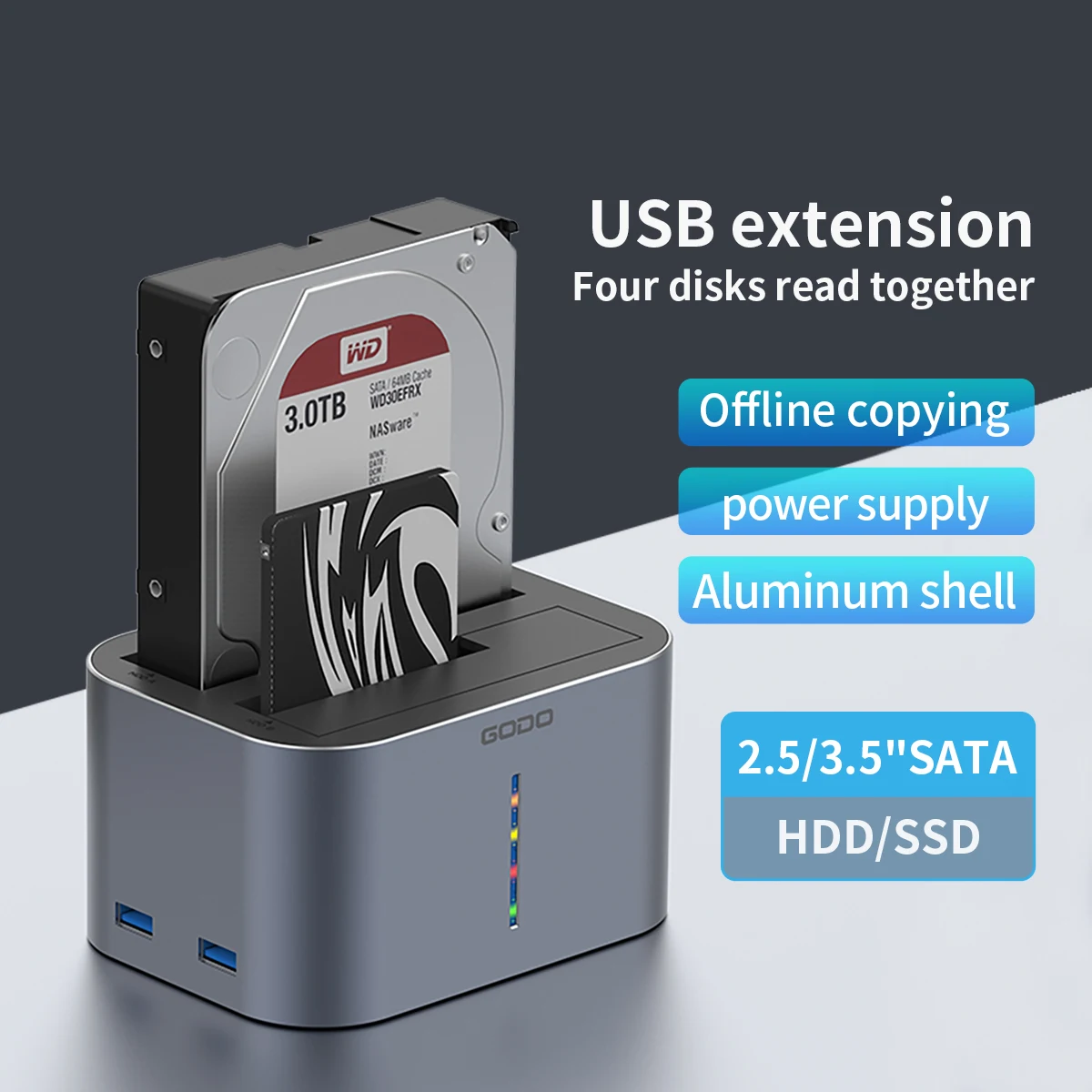 GODO USB 3.0 デュアルベイ タイプ C HDD ドック 2.5/3.5 インチ SATA ドライブ用 SSD HDD アルミニウム外付けハードドライブステーションオフラインクローン