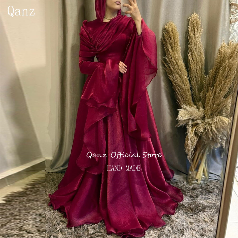 Qanz オーガンザロングイブニングドレスブルゴーニュ Vestido フィエスタエレガンテ 2026 イスラム教徒フレアスリーブフォーマルパーティー Gonws カスタマイズ