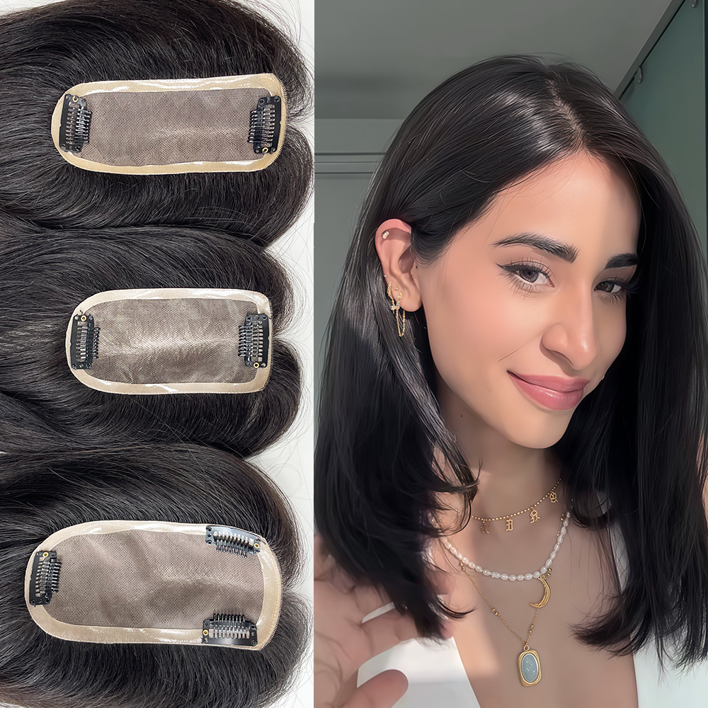 Handtied モノベース ストレート人毛クリップ トッパー女性用脱毛 自然な見た目のヘアエクステンション 100% 本物の人毛
