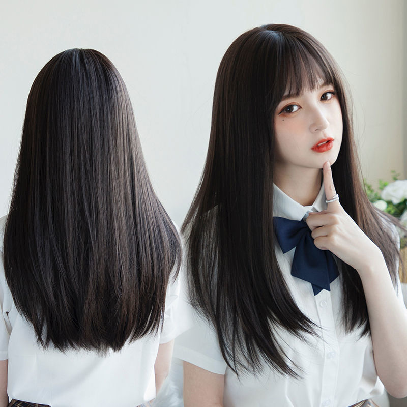韓国ヘアエクステンション合成かわいい JK ガールコスプレ空気前髪かつら通気性ヘッドカバー 50 センチメートルロングストレートウィッグ帽子女性のための
