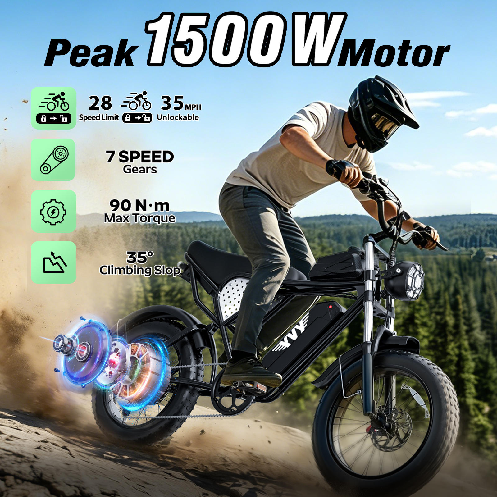 YVY 1500W K20-25 電動自転車 大人用 33MPH 48V 25Ah 取り外し可能バッテリー 20インチ 山砂脂肪タイヤ電動自転車オートバイ用