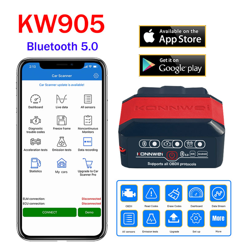 KONNWEI KW905 OBD2 スキャナ Bluetooth5.0 ELM327 V1.5 車診断ツール ELM 327 OBD 2 ELM-327 コードリーダー Android/iOS 用