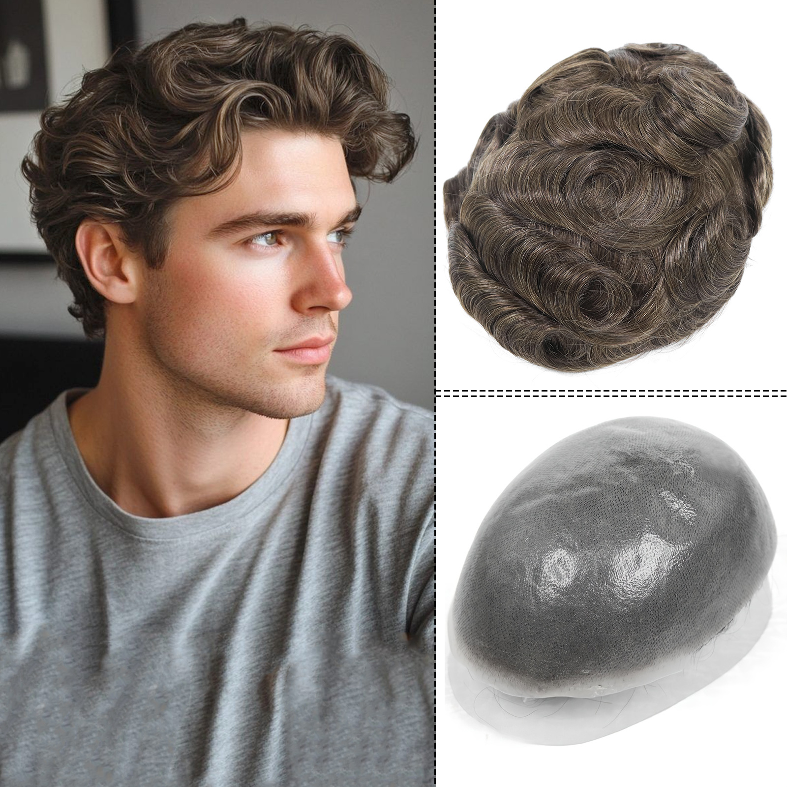 ブラウンブロンド人毛男かつらフル Pu スキンベースかつら男性のための 6 "ショートナチュラルウェーブヘアメンズかつらヘアピース