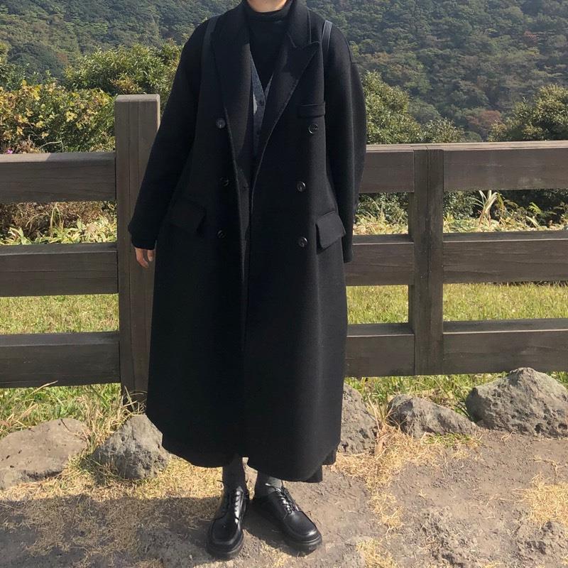 新しいロング膝上ウールコート女性のための黒のルーズでスリミング学生ウールコート女性のための
