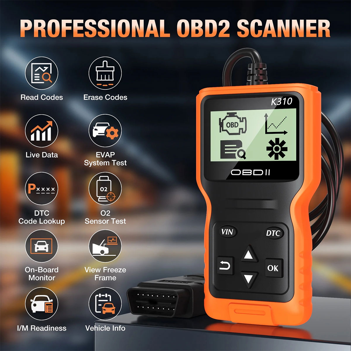 K310 Obd2 車スキャナー エンジン故障コードリーダー 1996 全車両診断ツール 最大 36V バッテリーなし