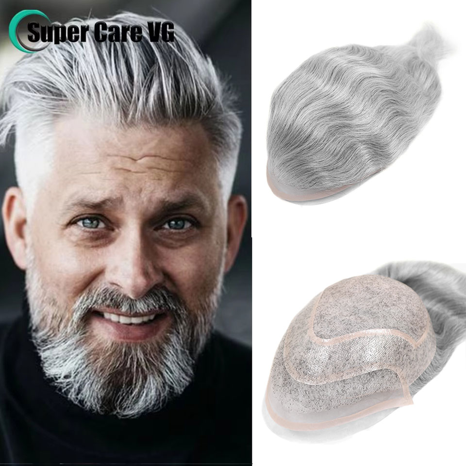 #1B80 Silver Grey Men Toupee Human Hair Natural Hairline Replacement System Mono Base With PU Lace Front Male Wig Wave Hair