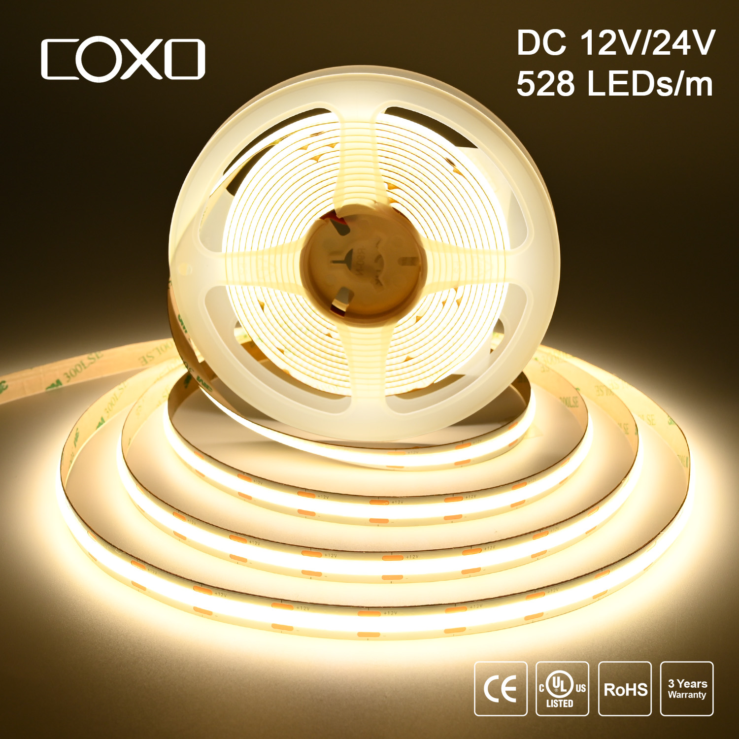 リニア調光可能な 24V 12V COB LED ストリップライト 528LEDs/m 高密度柔軟な LED リボンテープ Ra90 3000K 4000K 6500K LED 照明
