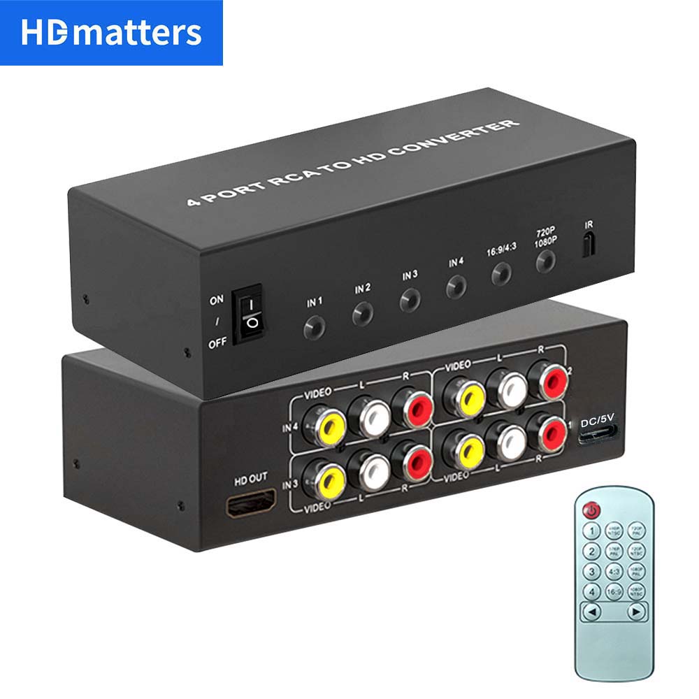 RCA to HDMI 1080P コンバーター スイッチ 4 in 1 out コンポジット AV to HDMI スケーラー スイッチ コンバーター (リモート付き) 3 RCA AV 入力 HDMI 出力
