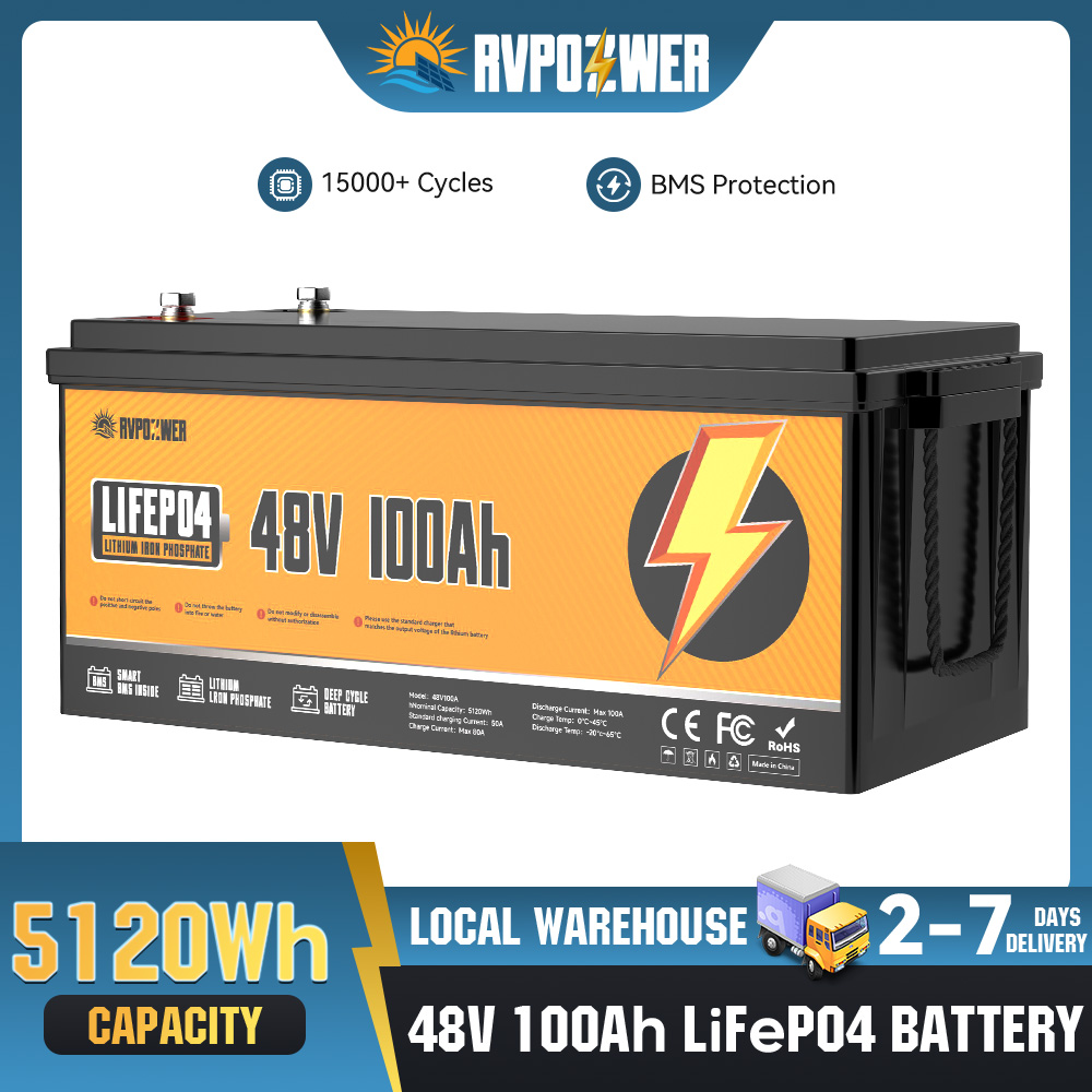 RVPOZWER 48V 100Ah リチウム LiFePO4 バッテリー スマート BMS 15000 ディープサイクル付き ゴルフカート RV ホームエネルギー オフグリッド用