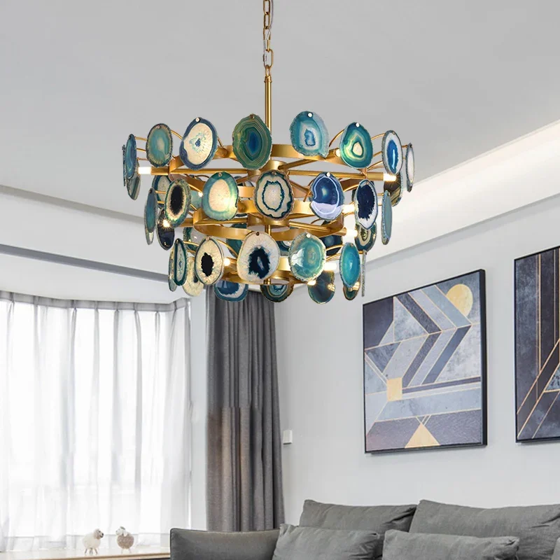 Natural Agate Chandeliers Colorful Green Blue Red Purple Pink LED Lighting For Foyer Restaurant Bedroom G4 Bulb Cord Adjustable