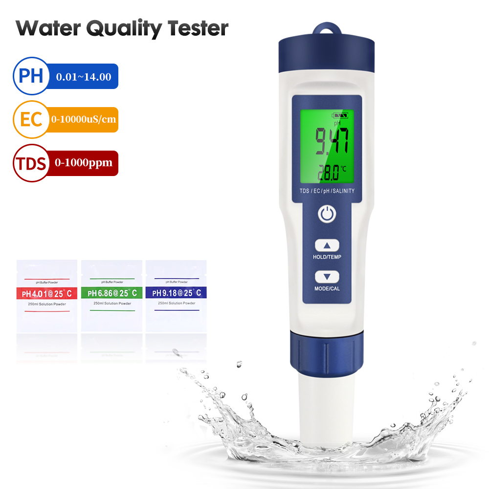 5 in 1 水質テスター デジタル TDS/EC/PH/塩分/温度計 プール水族館用 水バックライト品質検出器