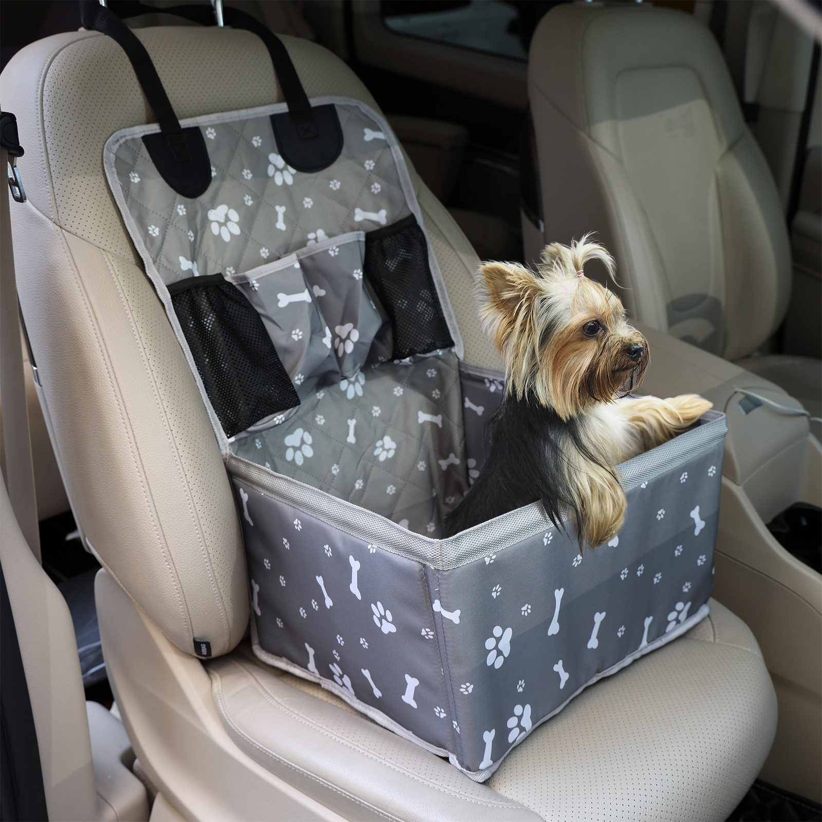 収納ポケット付き犬用カーシート、小型犬から中型犬用の傷防止耐久性のあるペットブースターカーフロントシート