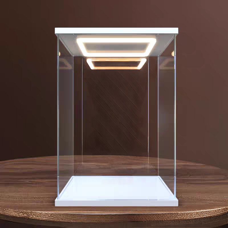 おもちゃリング LED ライトディスプレイキャビネット、回転ドア付き、組み立て済み積み重ね可能な収納ボックス、防塵カーモデルディスプレイケース