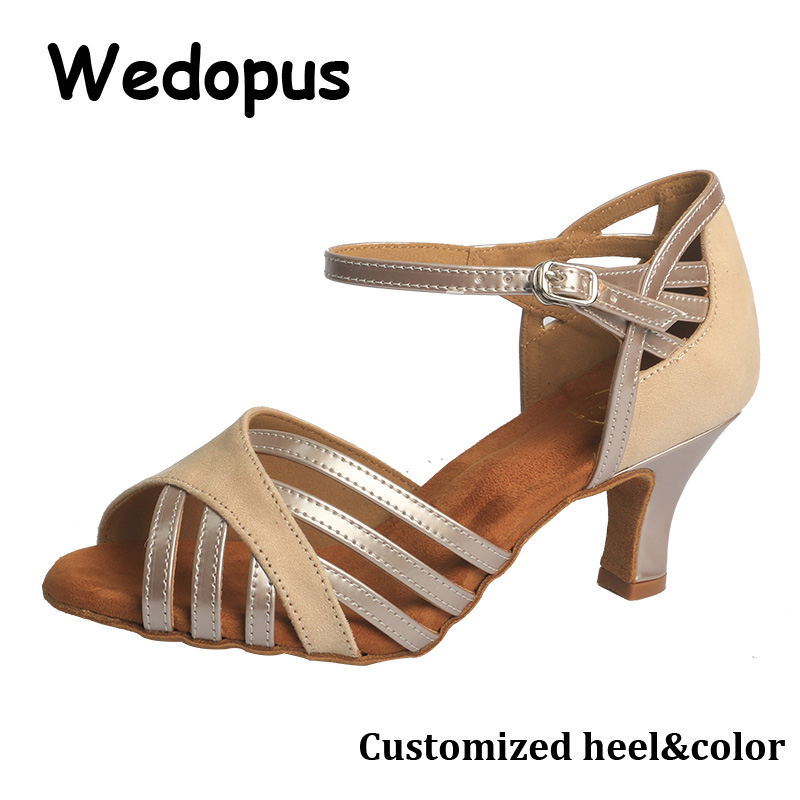 Wedopus カスタマイズされたヒールベージュラテンダンスヒールスエードソールガールズ社交靴ダンス用 6 センチメートルヒールレディースダンスサンダル