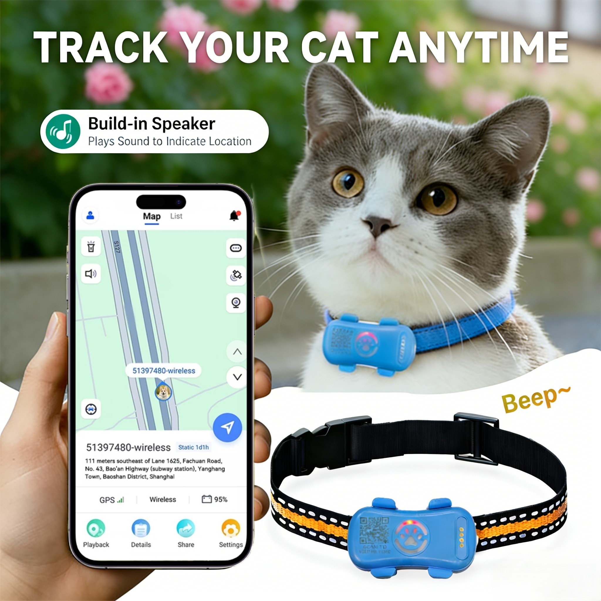 小型大型犬猫用ペットGPSトラッカー - IP67防水リアルタイム位置首輪、ジオフェンスアラートロケーター付き