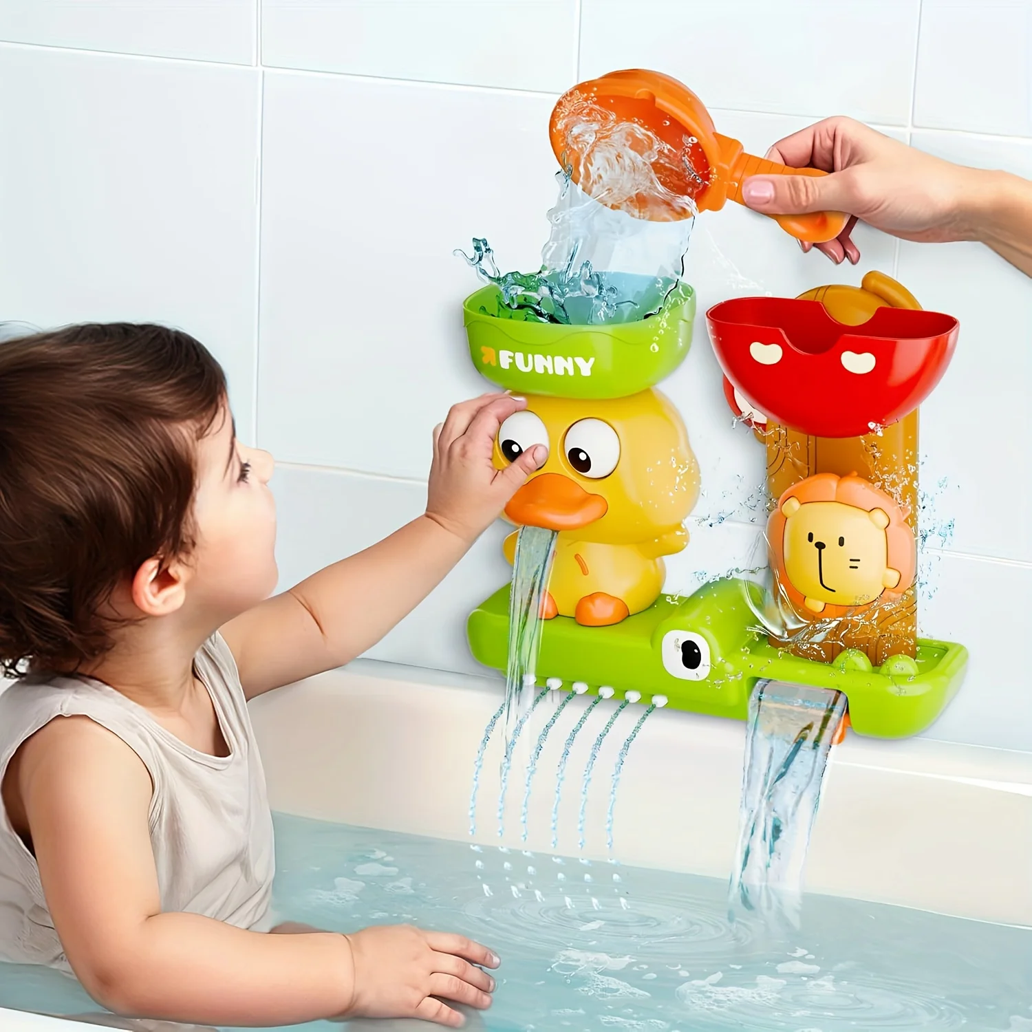 アヒルの子水遊び風車おもちゃ、赤ちゃんがバスルームで遊ぶのに最適、付属品2個付き