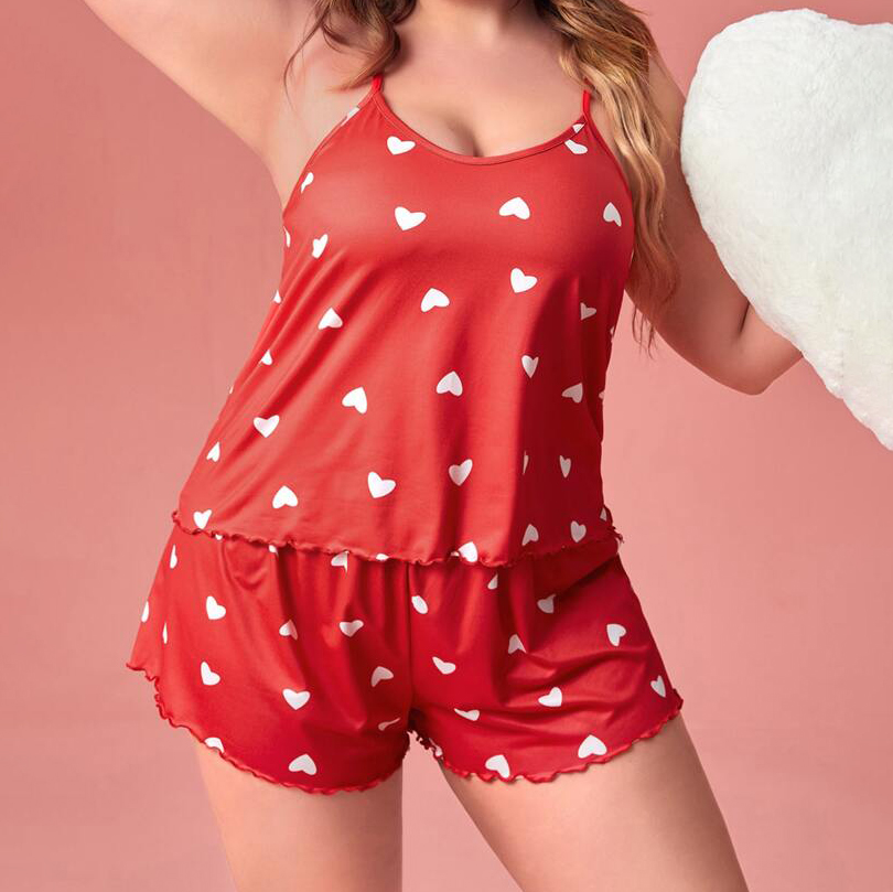 プラスサイズ XL-5XL 女性パジャマセットナイトガウンキャミショーツナイトウェアノースリーブナイトウェアレッドラブプリントソフトパジャマ夏